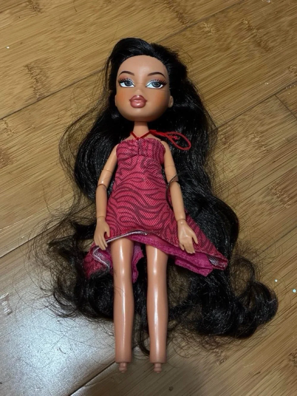 Brunette Fashion Doll with Pink Patterned Dress